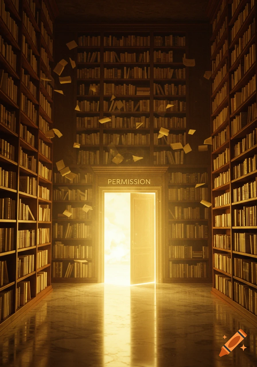 A grand library with tall bookshelves, scattered flying books, and a brightly glowing open door labeled 'PERMISSION' at the end of the hall.