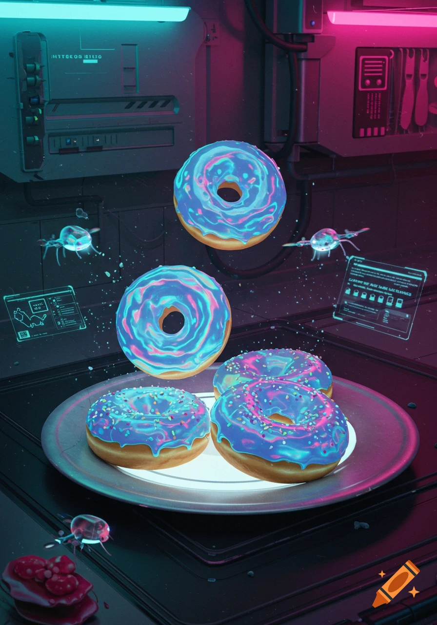 Futuristic donuts with glowing blue and pink icing float in a neon-lit sci-fi kitchen, with some resting on a metal platter.