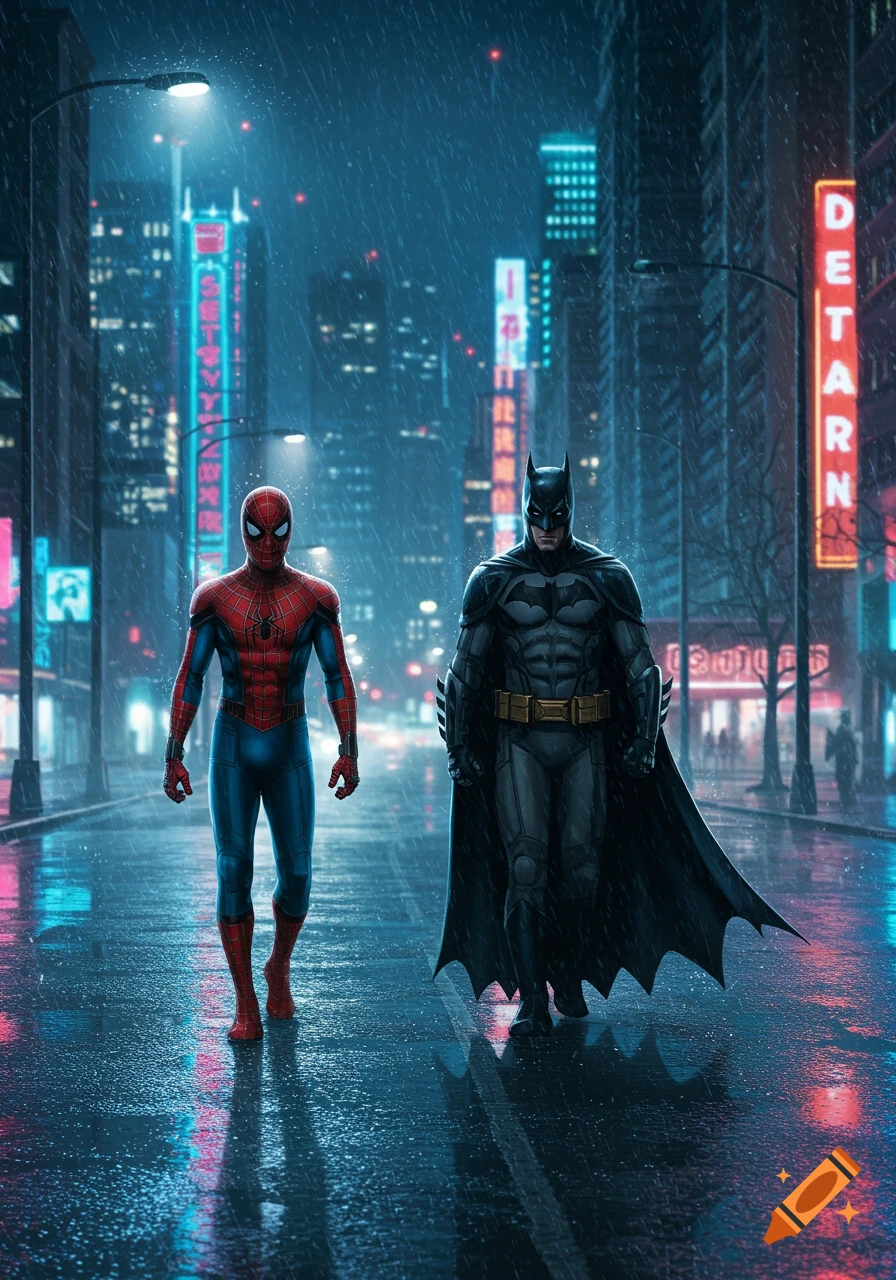 Spider-Man and Batman walk down a rainy city street at night, illuminated by neon lights reflecting on the wet pavement.
