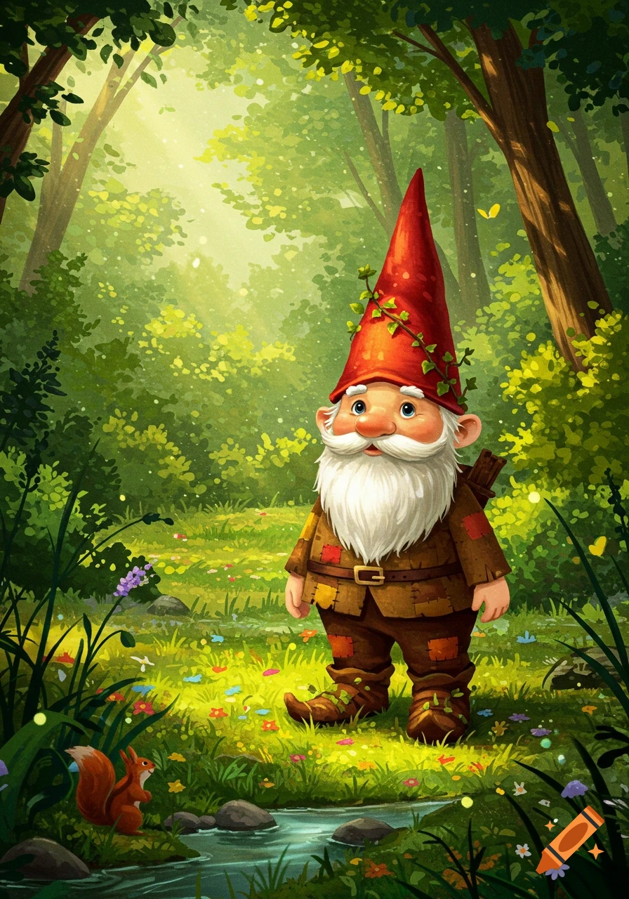Whimsical illustration of a friendly gnome in a red hat and white beard standing in a sunlit forest near a stream with a squirrel.