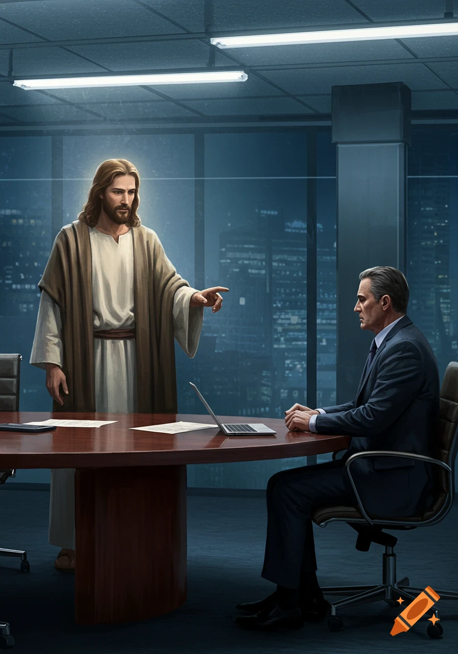 Jesus points at a businessman across a conference table in a modern office with a city view at night, digital painting.