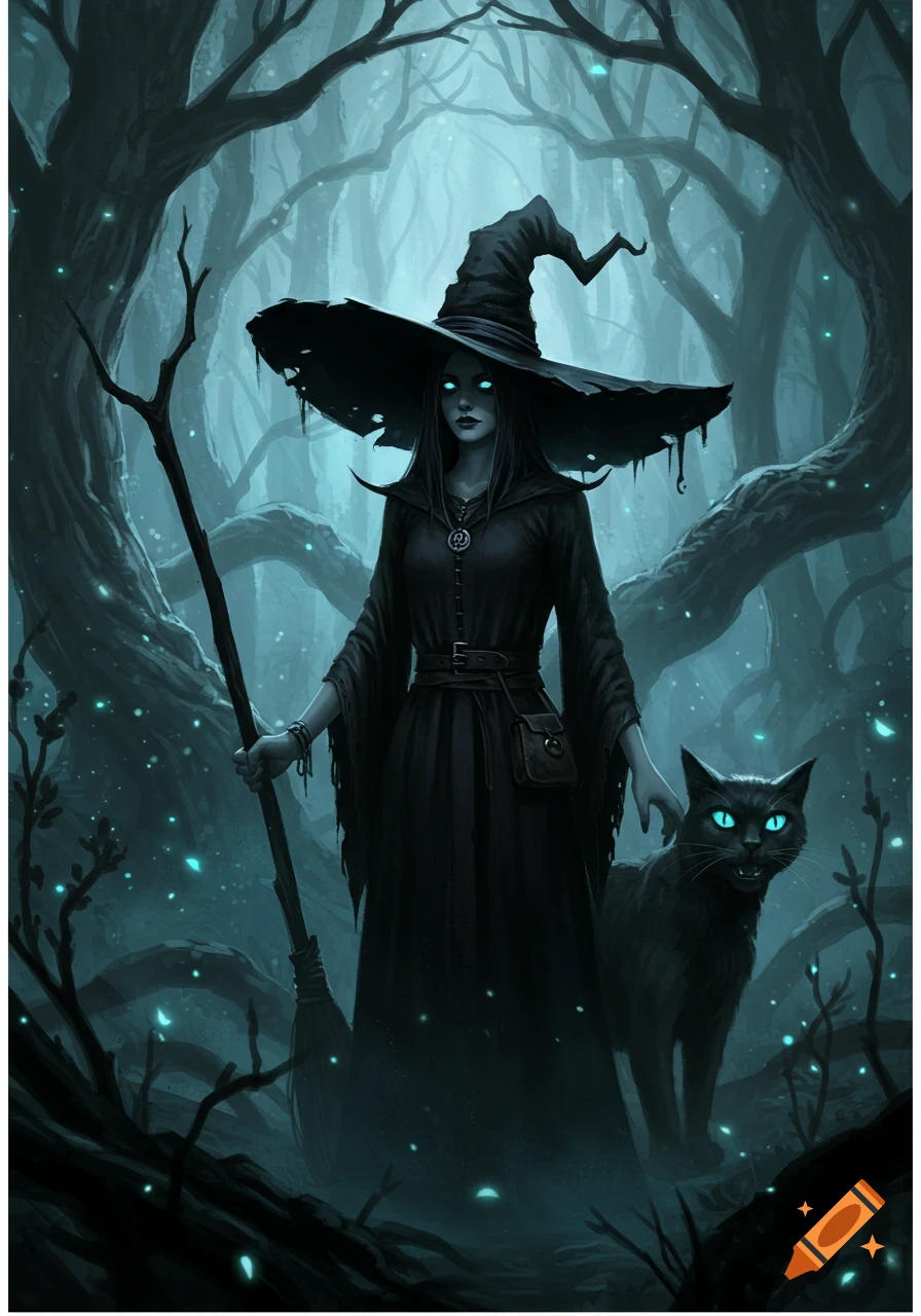 Dark fantasy digital painting of a witch with glowing eyes and a black cat in a mystical, glowing forest.