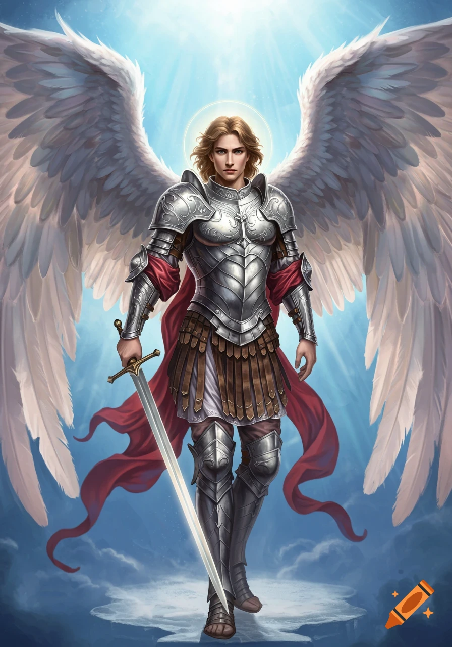 Archangel Michael in ornate silver armor with large white wings, holding a sword, against a radiant blue sky.