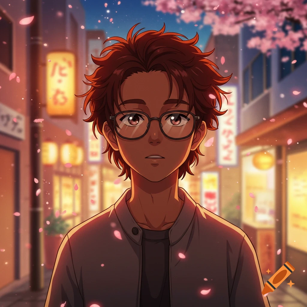 A caramel-skinned anime boy with brown curly hair and glasses stands on a city street at sunset, with cherry blossoms falling around him.