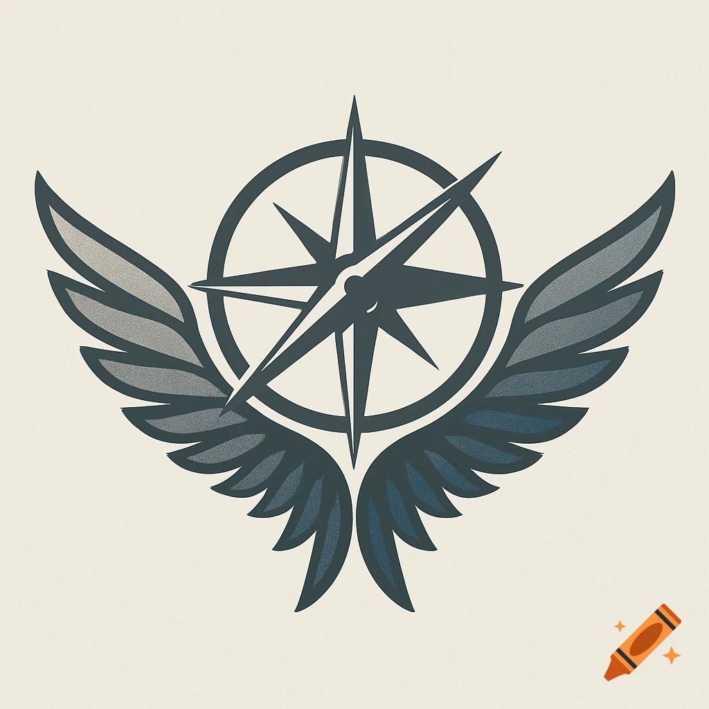A stylized gray and blue compass rose symbol with outstretched wings on a light background.