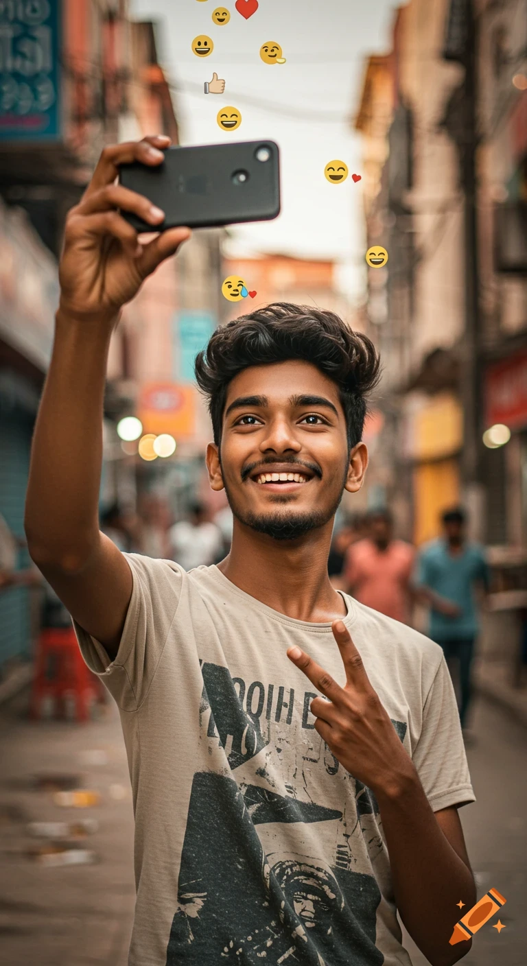 A smiling young man in a t-shirt holds a phone up to take a selfie on a busy street, making a peace sign, with emojis floating around him.