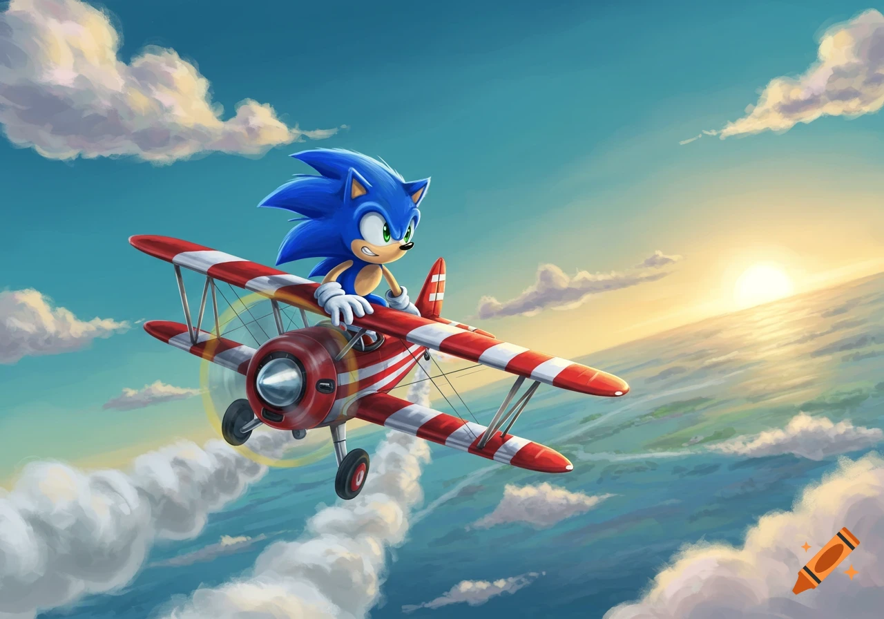 Sonic the Hedgehog flies a red and white biplane through a blue sky with clouds at sunset.