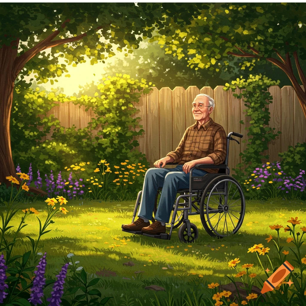 An elderly man in a wheelchair smiles while sitting in a sunny, vibrant garden with trees, a wooden fence, and colorful flowers. Illustrated.