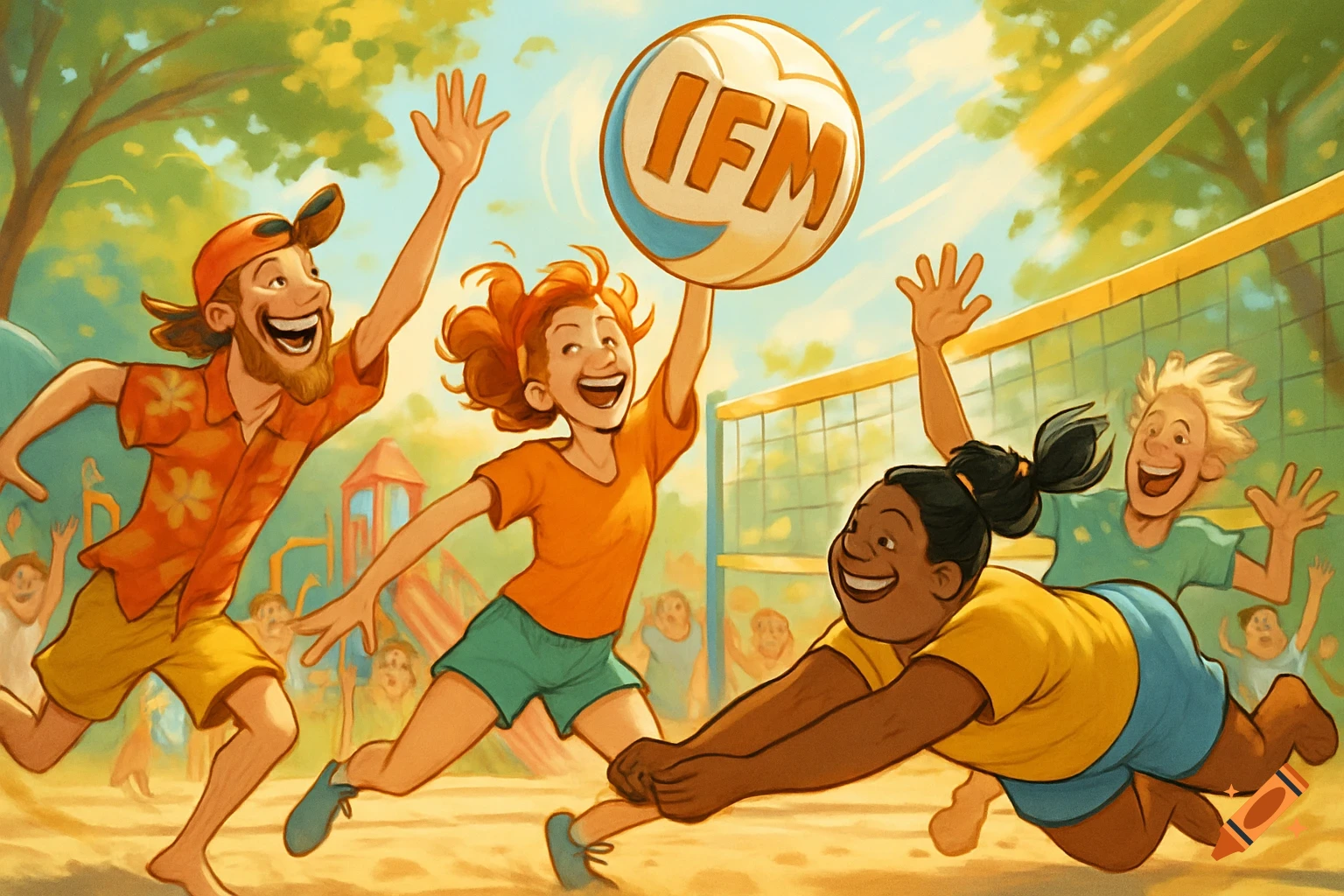 Cartoon illustration of a diverse group of joyful people playing volleyball outdoors under a sunny sky, with 'IFM' on the ball.