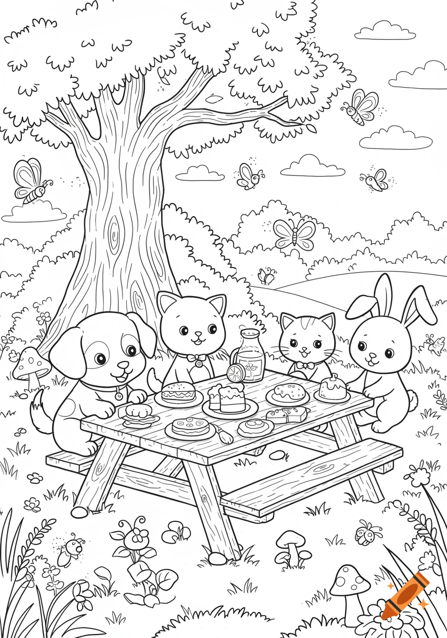 Black and white coloring page of a dog, two cats, and a bunny having a picnic under a tree in a cartoon style.