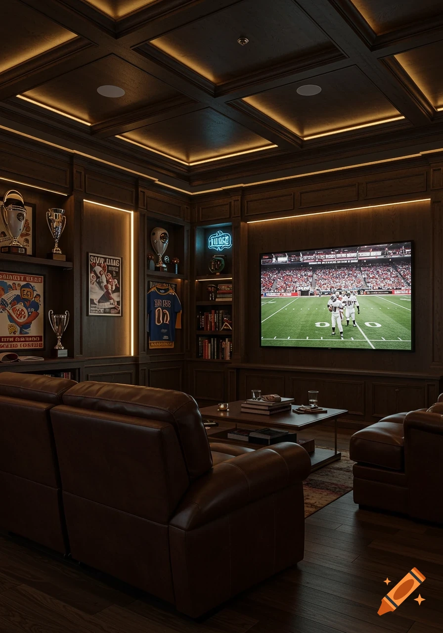 A luxurious man cave with dark wood paneling, LED strip lighting, leather recliners, and a large TV showing a football game. Sports memorabilia adorn the walls.