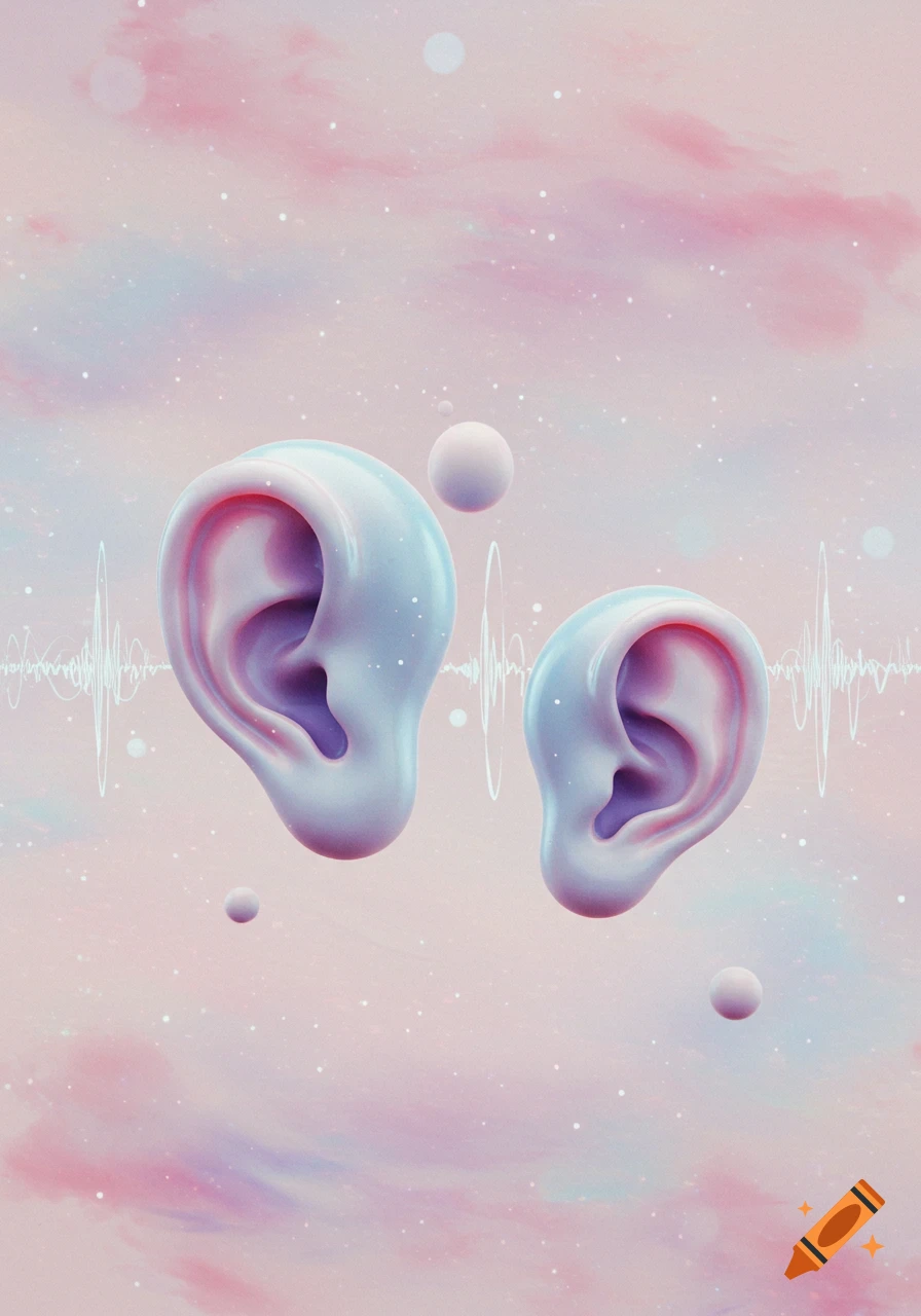 Two stylized 3D rendered ears in pastel blue and pink float in a dreamy pink and blue sky with subtle sound waves and sparkling dots.
