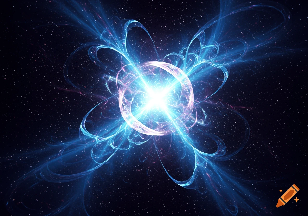 Abstract blue and pink energy burst in a starry cosmic background.