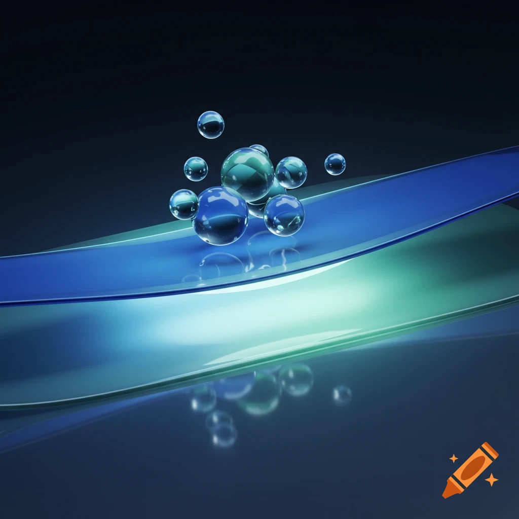 Glossy blue and green spheres reflecting light float above wavy, reflective surfaces in a Frutiger Aero aesthetic.