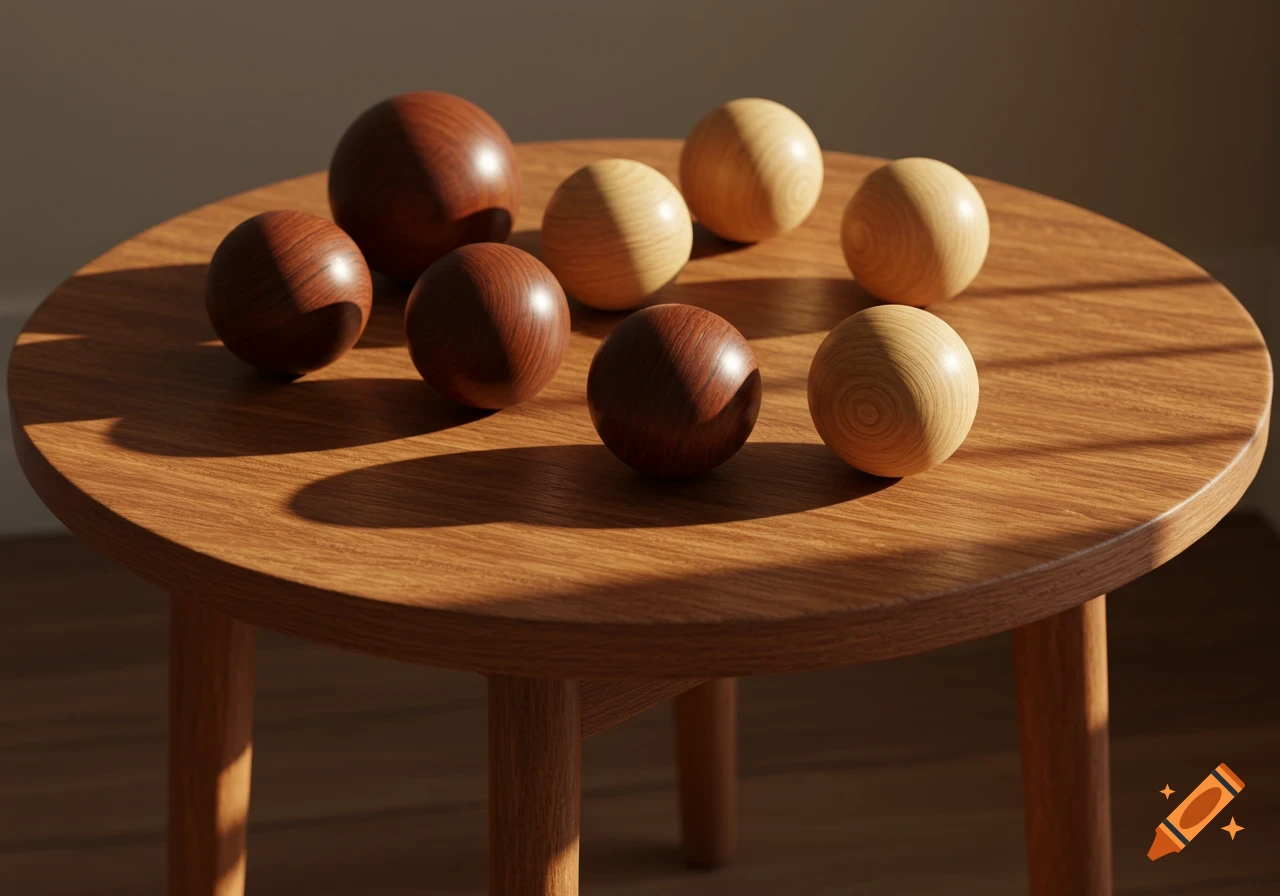 Seven wooden spheres, some dark and some light, rest on a light brown wooden side table, casting long shadows.
