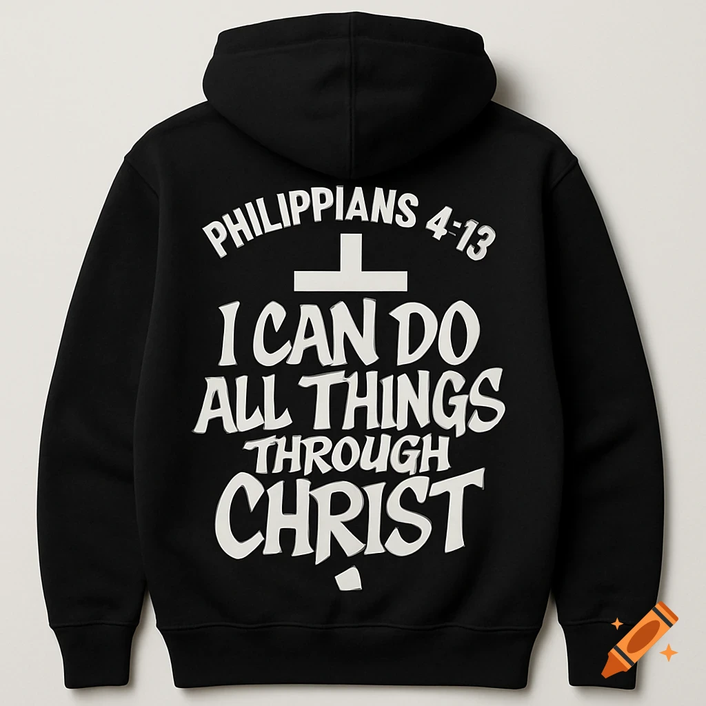 Back of a black hoodie with white text: 'PHILIPPIANS 4-13' above a cross, and 'I CAN DO ALL THINGS THROUGH CHRIST' below it.