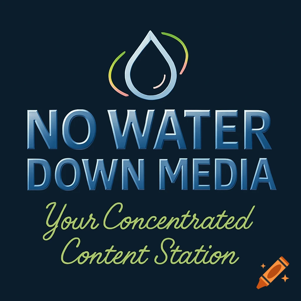A logo on a navy blue background features a water drop icon with colored rings, above the text "NO WATER DOWN MEDIA Your Concentrated Content Station."