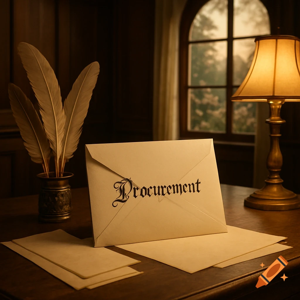 An old-fashioned desk with an envelope labeled 'Procurement', quill pens, and a lit lamp by a window.