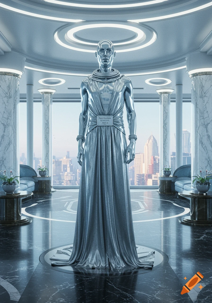 A metallic, bald, statuesque figure in a flowing silver gown stands in a luxurious, futuristic room overlooking a city. Photorealistic.