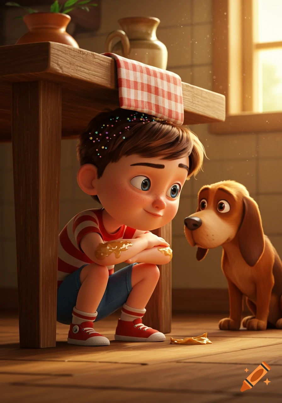 A cute cartoon boy with peanut butter on his arm and sprinkles on his head, hiding under a table, looking at a sad-faced brown dog.