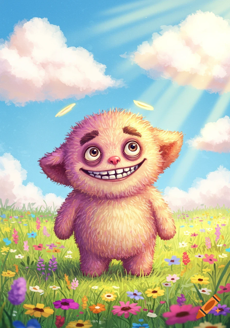 A fluffy, pinkish-orange monster with a wide smile stands in a field of colorful flowers under a bright blue sky.