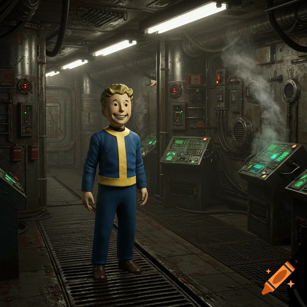 Vault Boy stands in a dimly lit, industrial sci-fi bunker with pipes and glowing control panels.