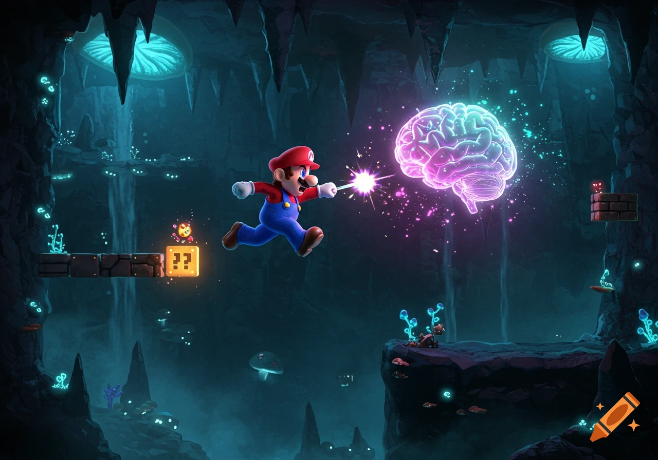 Super Mario jumps in a glowing blue cave, punching a large neon pink brain with a starburst. A question mark block is nearby.