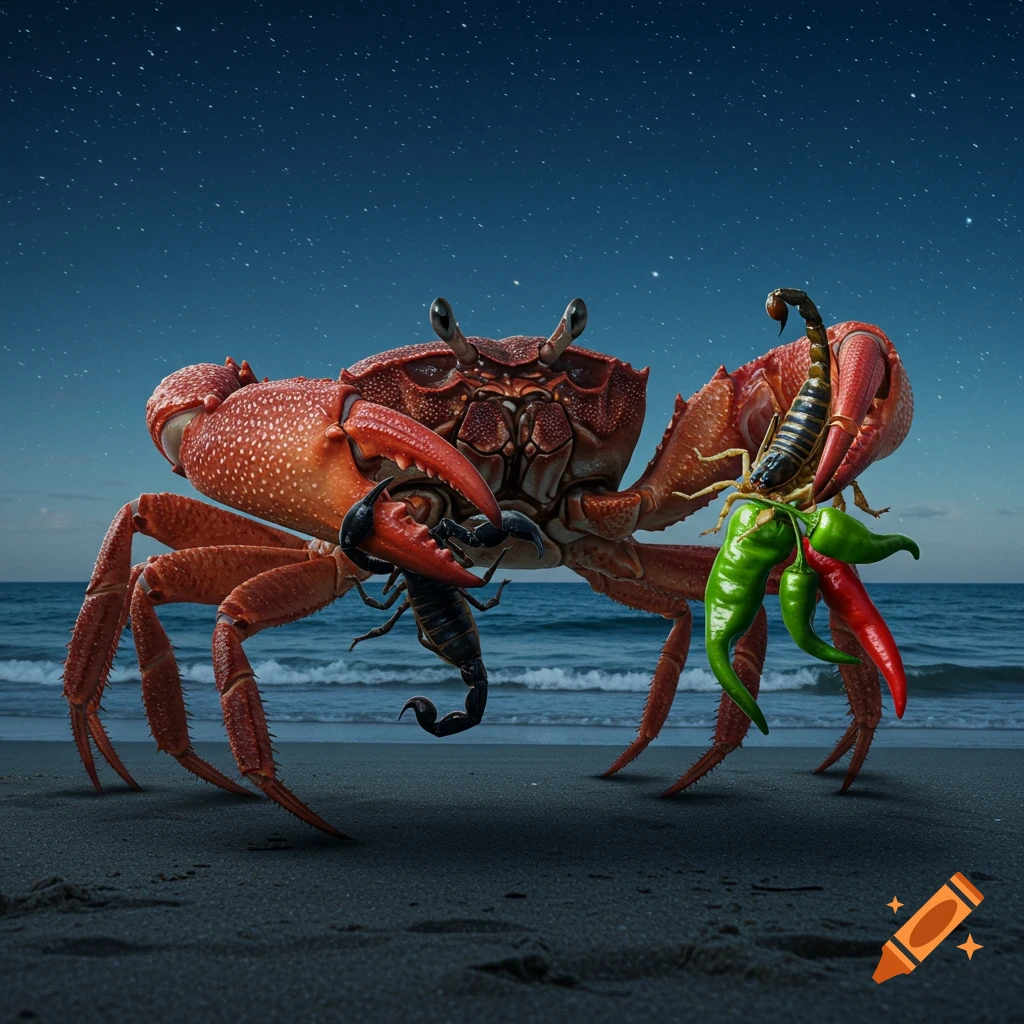 A large red crab stands on a dark beach at night under a starry sky, holding a black scorpion in each claw and red and green chili peppers.