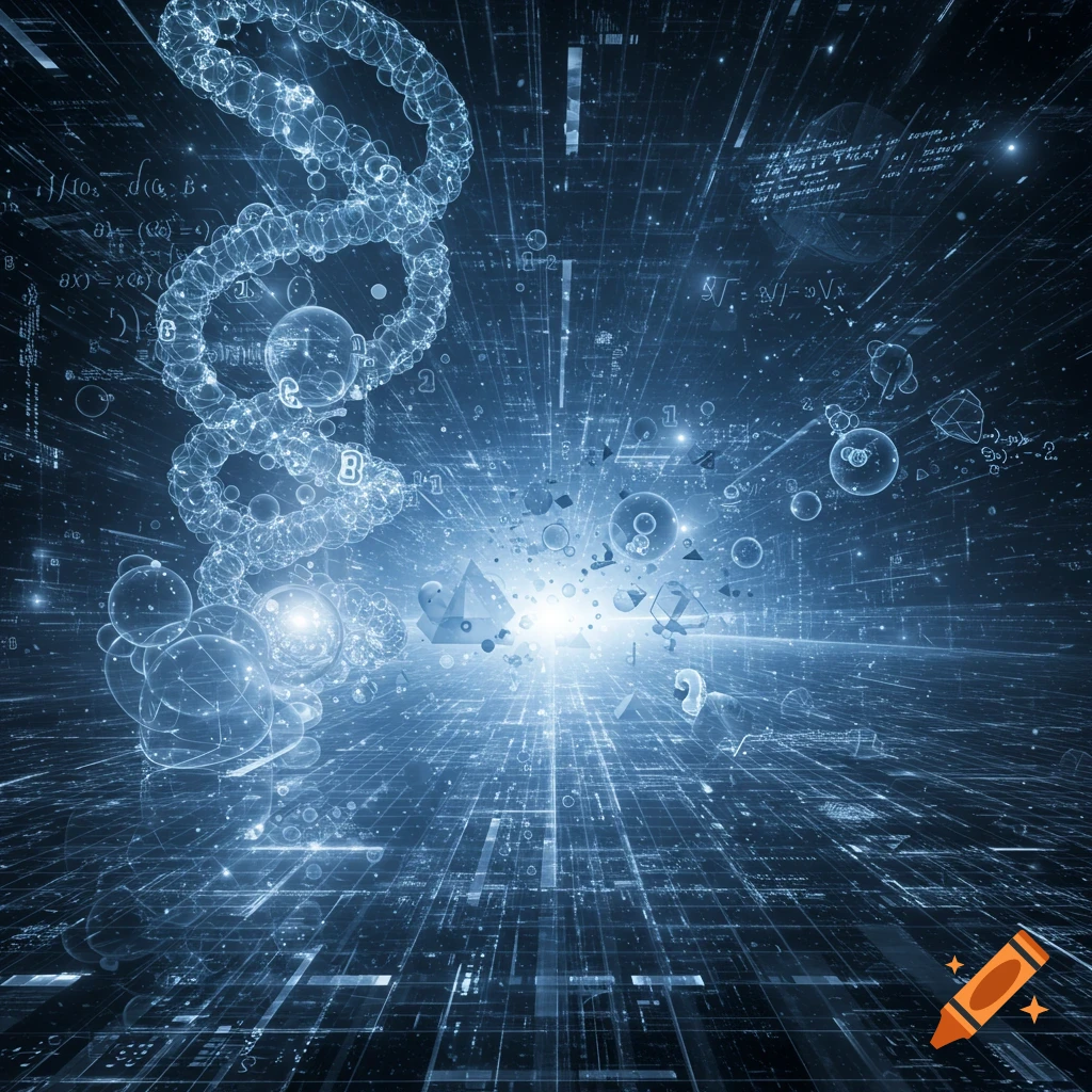 Abstract digital art of a glowing DNA helix amidst mathematical symbols and a grid on a dark blue background.