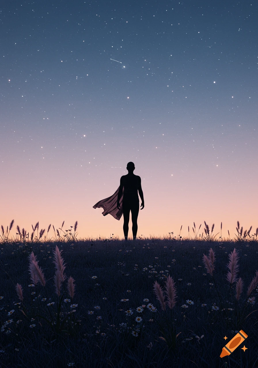 A lone person in a cape stands silhouetted on a grassy hill under a starry twilight sky with a pink and blue gradient.