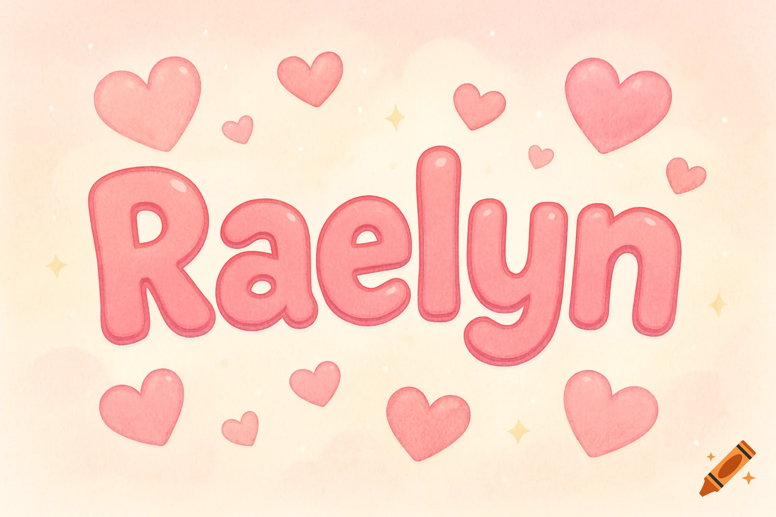 Cartoon pink bubble letters spell 'Raelyn' surrounded by pink hearts and sparkles on a soft background.