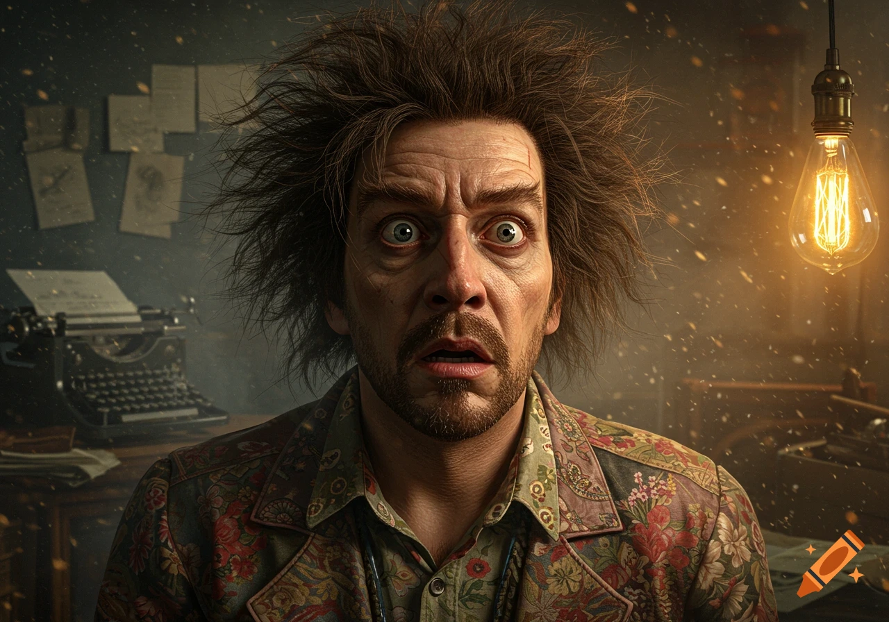 A disheveled man with wide, fearful eyes and messy hair looks directly ahead in a dimly lit, dusty room with a typewriter and glowing light bulb.