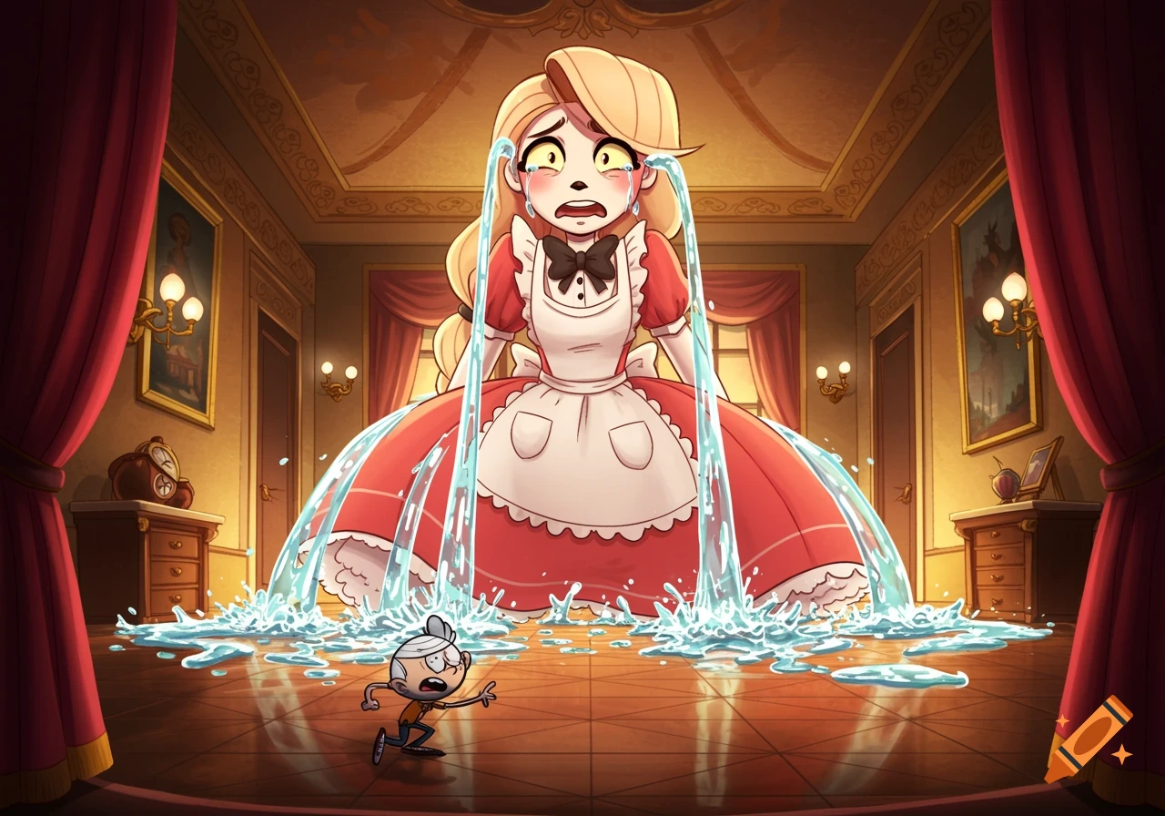 Giant animated character Charlie Morningstar in an Alice dress cries, flooding a room as tiny Lincoln Loud runs from the tears.