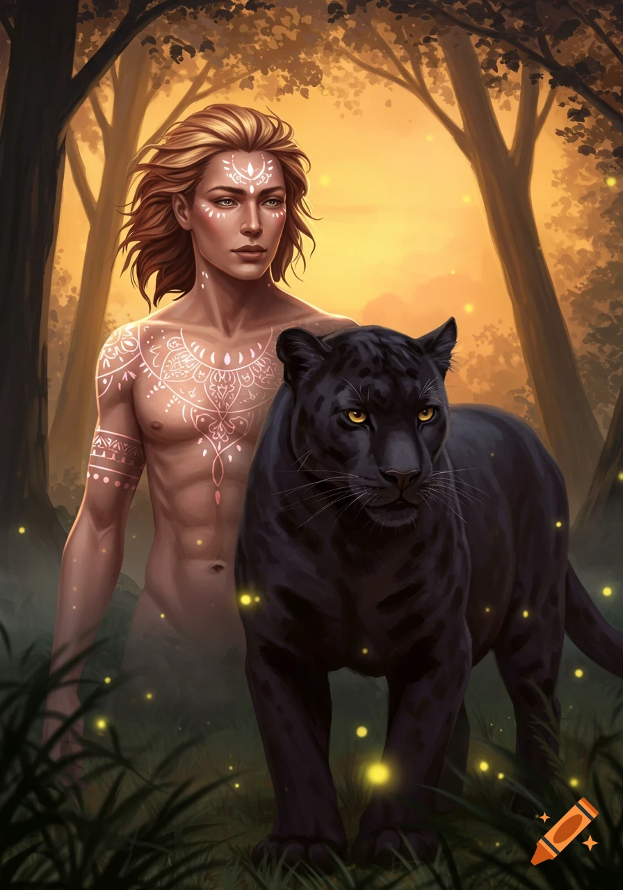 A shirtless man with white tribal patterns on his body stands next to a black panther in a glowing forest at sunset, digital art.