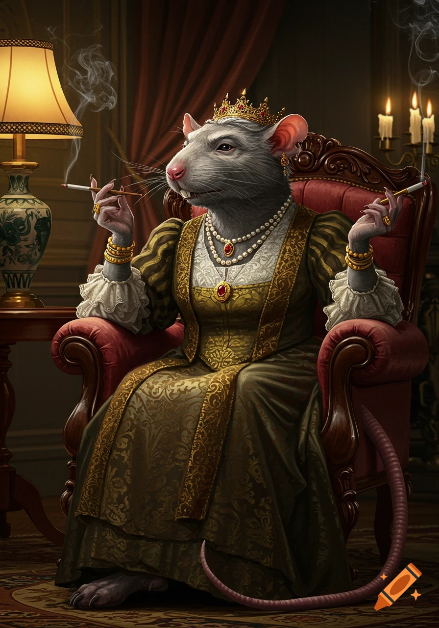 An elderly rat queen in a crown and Victorian clothing, adorned with gold and jewels, sits on a plush armchair, smoking a cigarette.