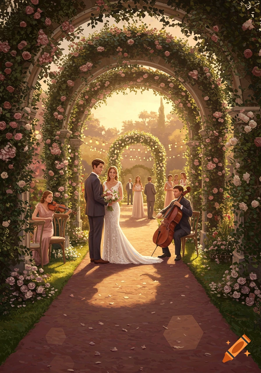 An illustrated wedding scene with a bride and groom under rose-covered arches in a beautiful garden, with guests and musicians.