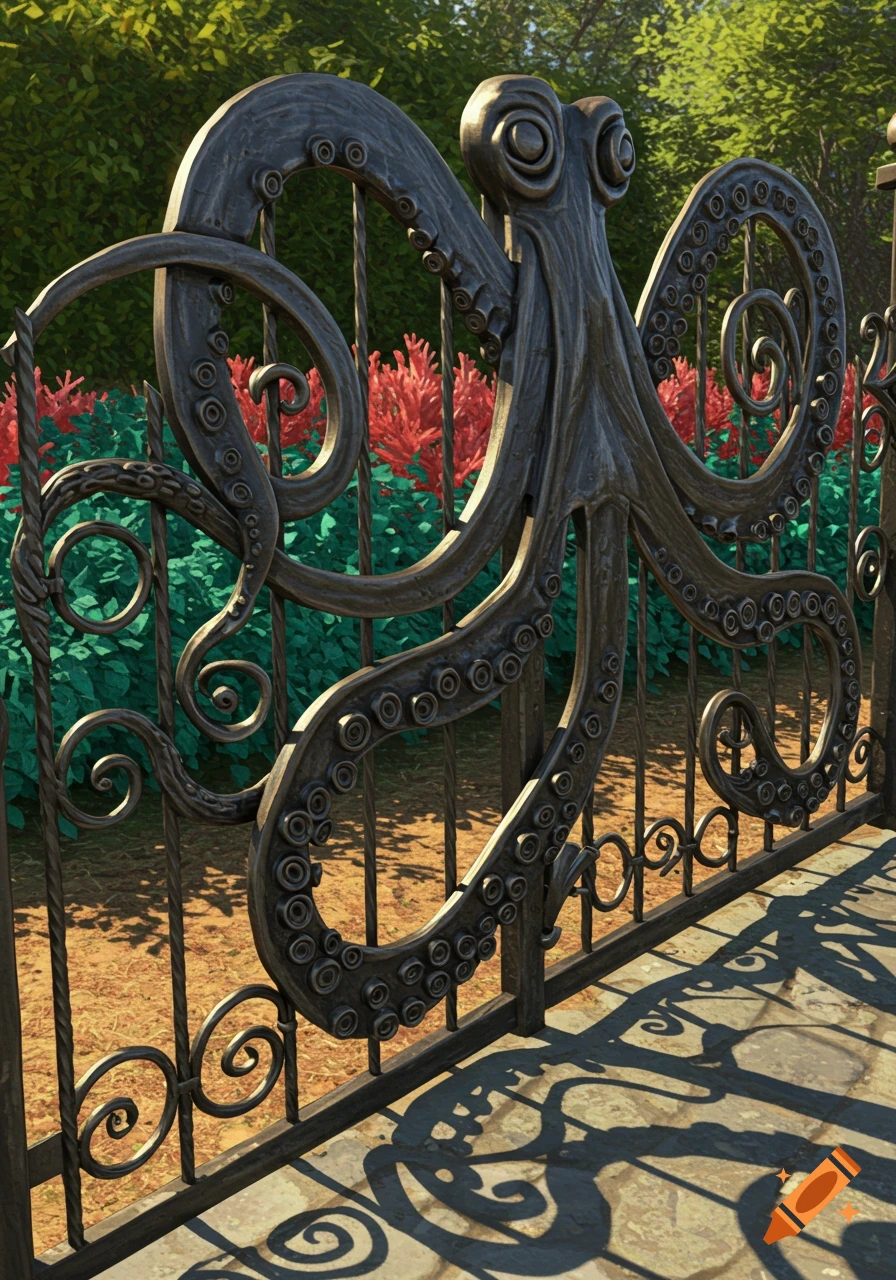 A detailed metal garden gate with a large, ornate octopus design, surrounded by lush green foliage and red flowers.