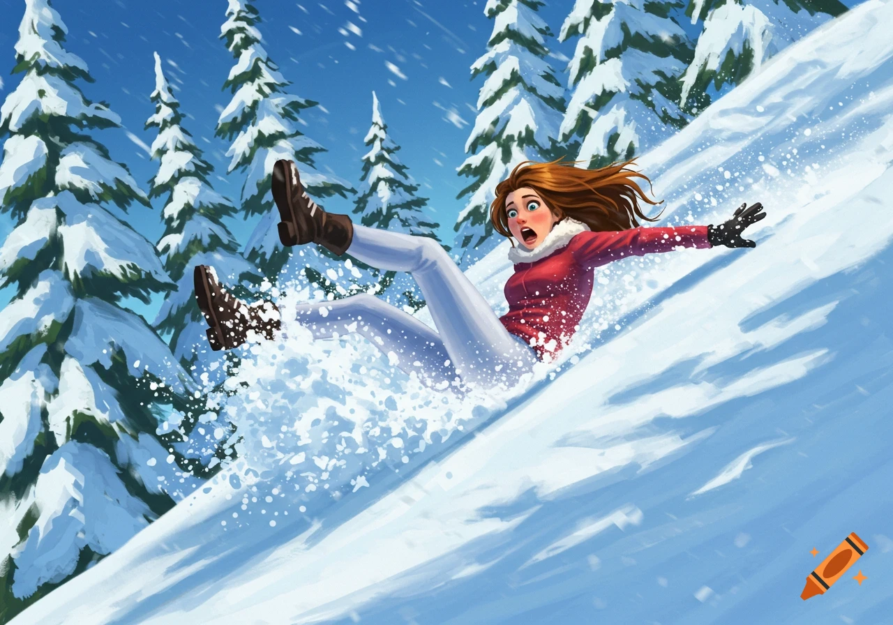 Cartoon illustration of a young woman in a red jacket and white pants falling down a snowy hill, screaming.