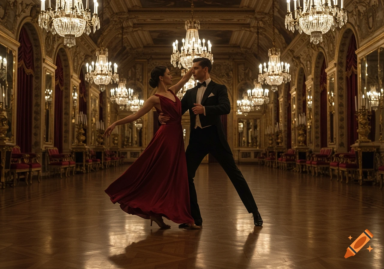 A man in a tuxedo and a woman in a flowing red gown ballroom dancing in a grand, opulent hall with many chandeliers.