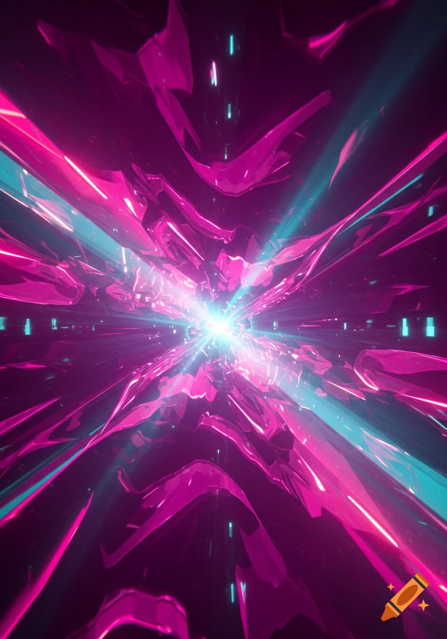 Vibrant abstract digital art of a futuristic tunnel with magenta geometric shapes and bright cyan light converging to a central white glow.