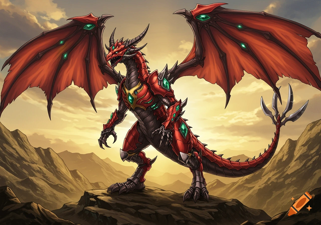 A powerful red and black armored bipedal dragon with large red wings, emerald gems, and a bladed tail stands on a rocky mountain with a sunset sky in the Yu-Gi-Oh style.