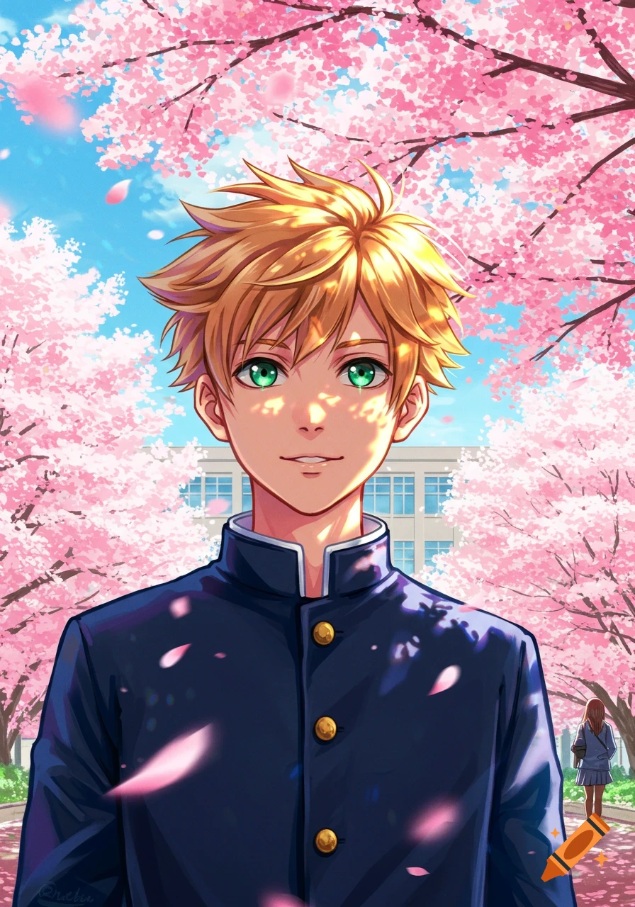 Anime high school boy with blonde hair and green eyes, smiling in a cherry blossom-filled schoolyard.