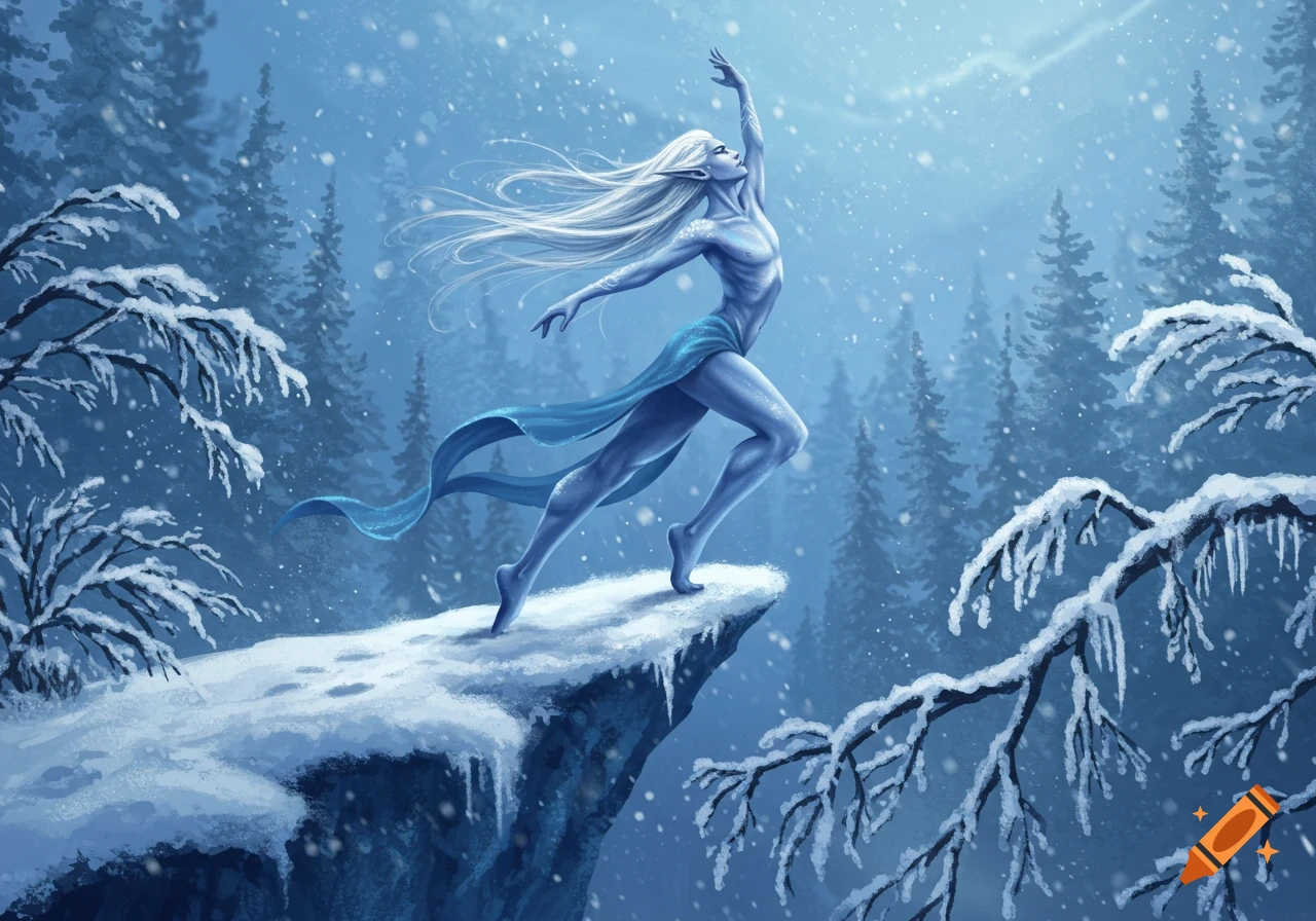 Blue-skinned elf with long white hair dancing on a snowy cliff in a winter forest during a snowfall, digital painting.