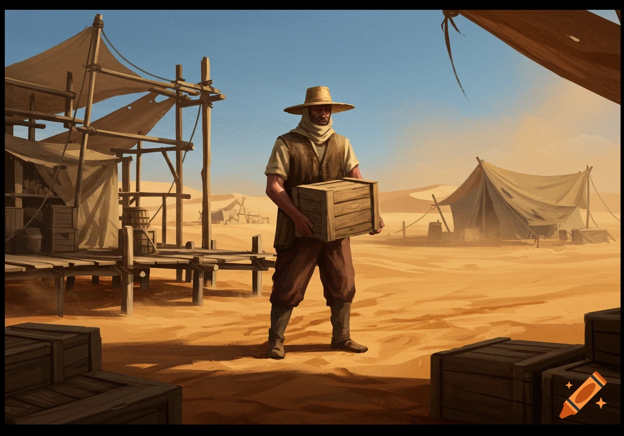 An illustration of a man in a straw hat and desert clothing carrying a wooden crate in a sandy desert camp.