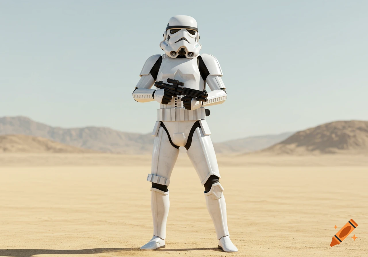 A Star Wars Stormtrooper stands holding a rifle in a vast, sunny desert landscape with mountains in the background.