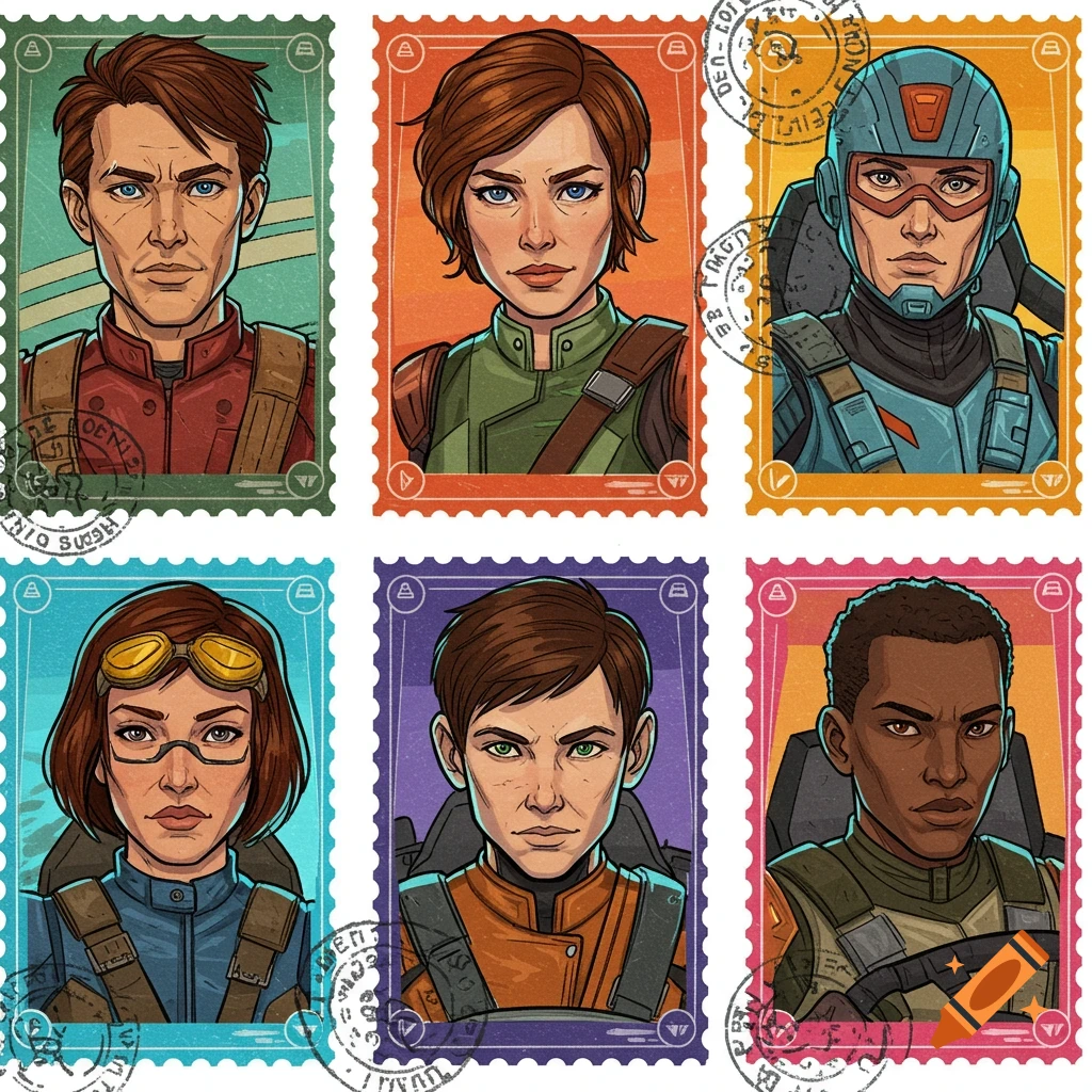 Six stylized cartoon portraits of diverse sci-fi characters, both masculine and feminine, depicted on colorful postage stamps with textured borders and postmarks.