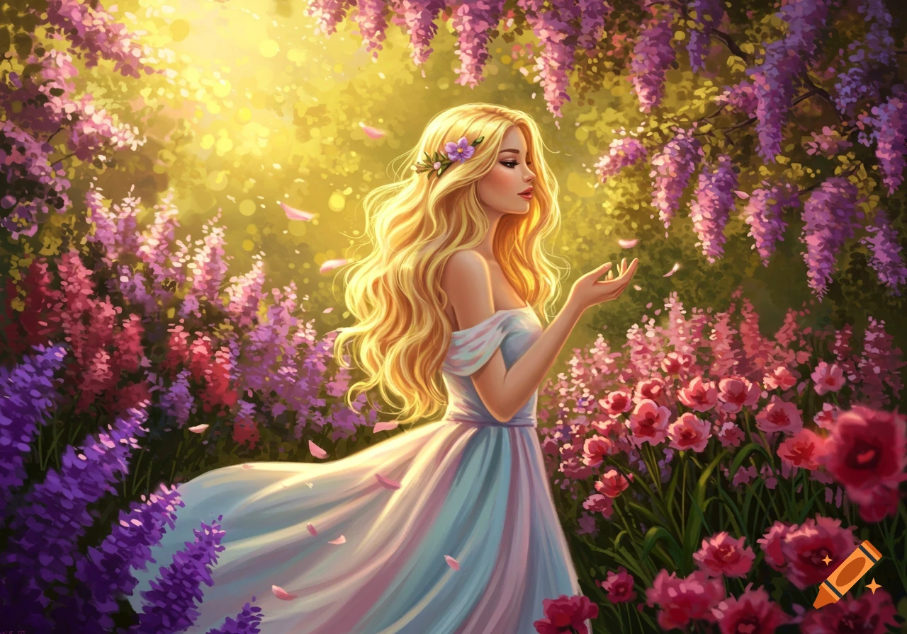 A blonde woman in a flowing dress stands in a vibrant, sunlit fantasy garden with purple and pink flowers.