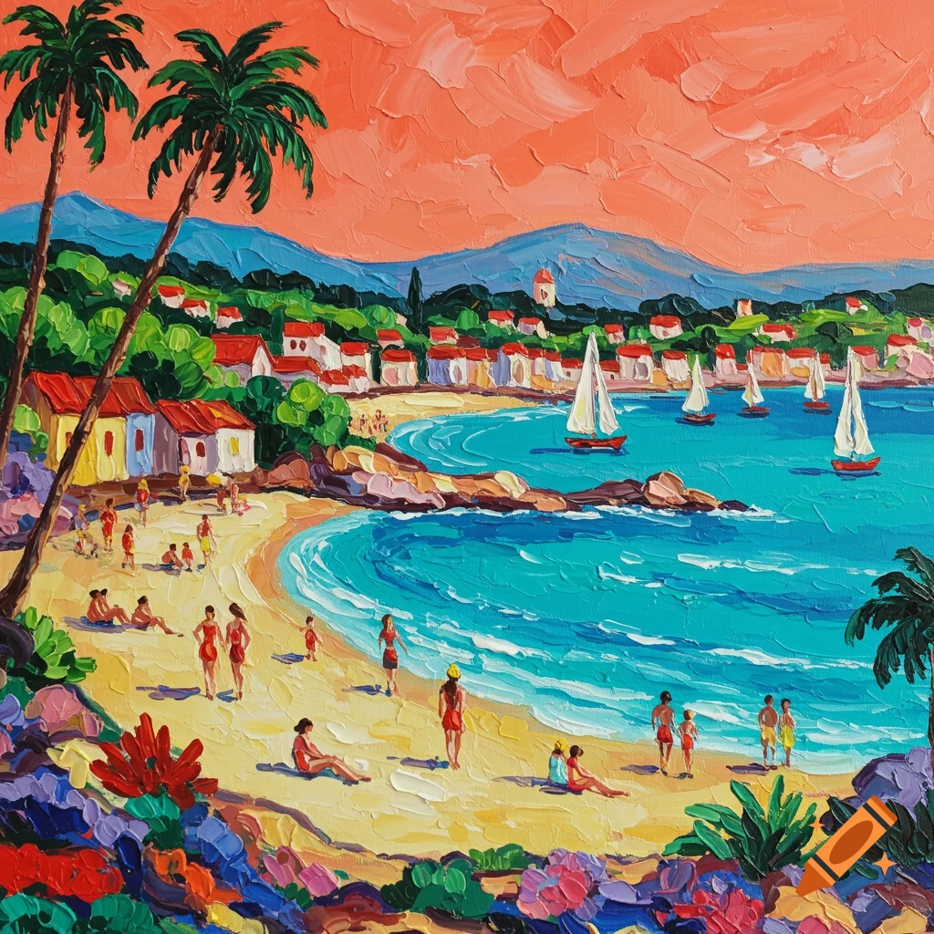 Fauvist painting of a vibrant beach scene with palm trees, a coastal town, sailboats on turquoise water, and colorful figures.
