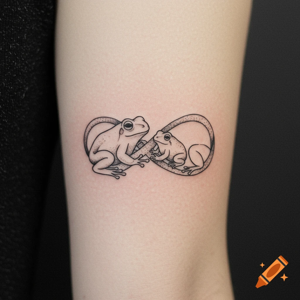 Line art tattoo of two frogs intertwined, forming an infinity symbol on a person's arm, rendered in black and grey.