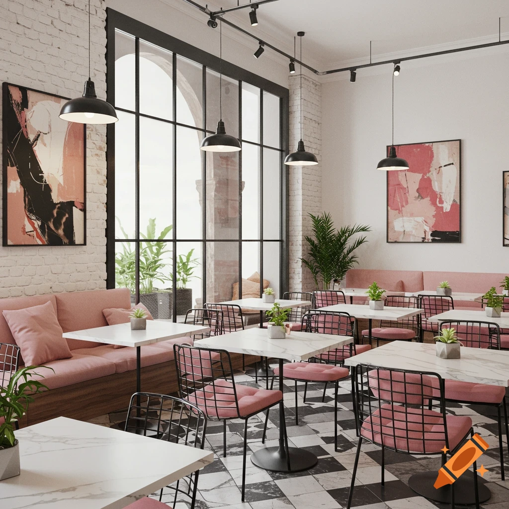 A modern cafe interior with white brick walls, large windows, black framed abstract art, marble tables, and pink upholstered chairs.